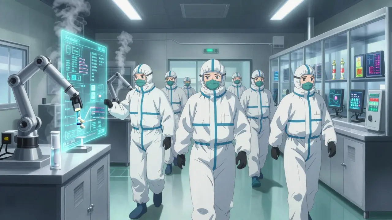 FDA inspectors in hazmat suits examining pill batches in a high-tech cleanroom with holographic compliance displays.