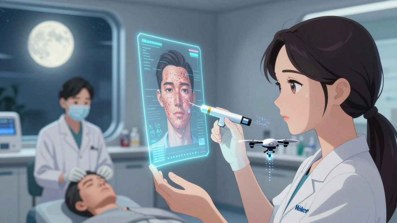 Futuristic AI skin analysis in a clinic with holographic data and micro-drones delivering targeted treatment.