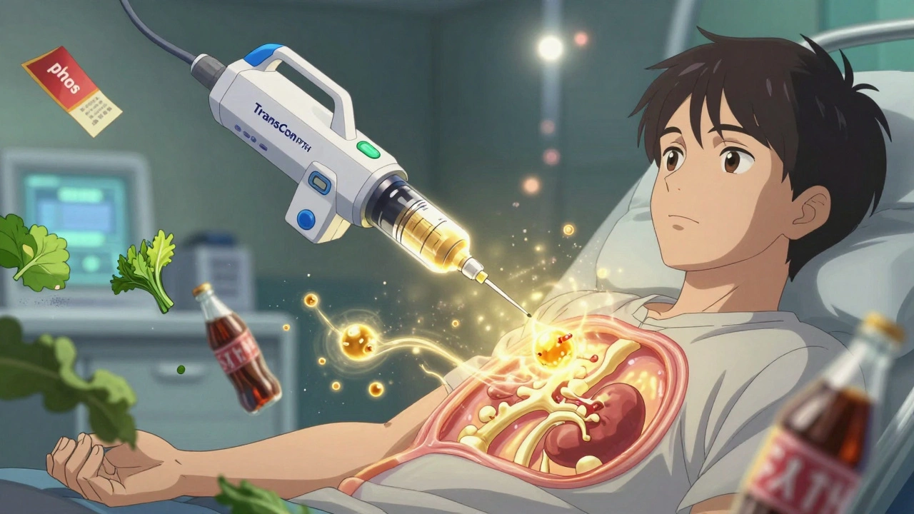 Futuristic PTH injection device emitting golden molecules through bone and kidney tissues.