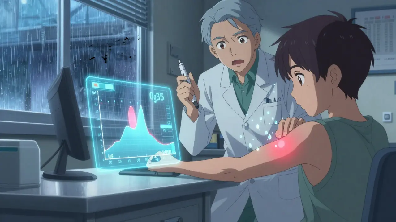 Patient receiving a skin prick test in a clinic, with glowing medical data floating beside them and an EpiPen in the doctor's hand.