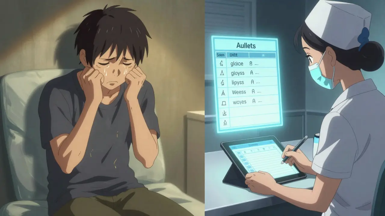 Patient suffering from restlessness contrasted with nurse documenting movement disorder checks.