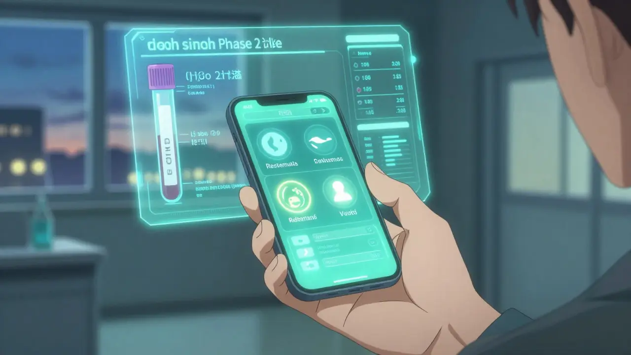 Patient viewing a holographic app tracking side effects with predictive health analytics.