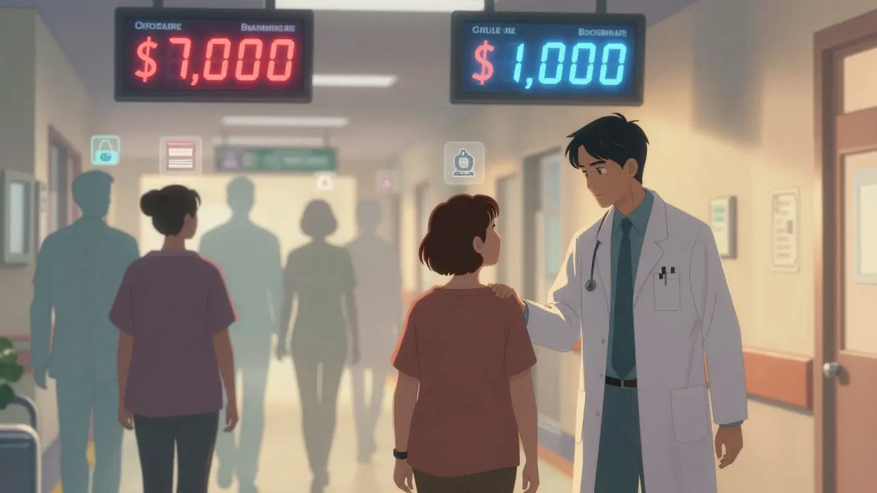 Patients and a doctor in a hospital corridor, viewing price tags for biosimilar and brand-name drugs.