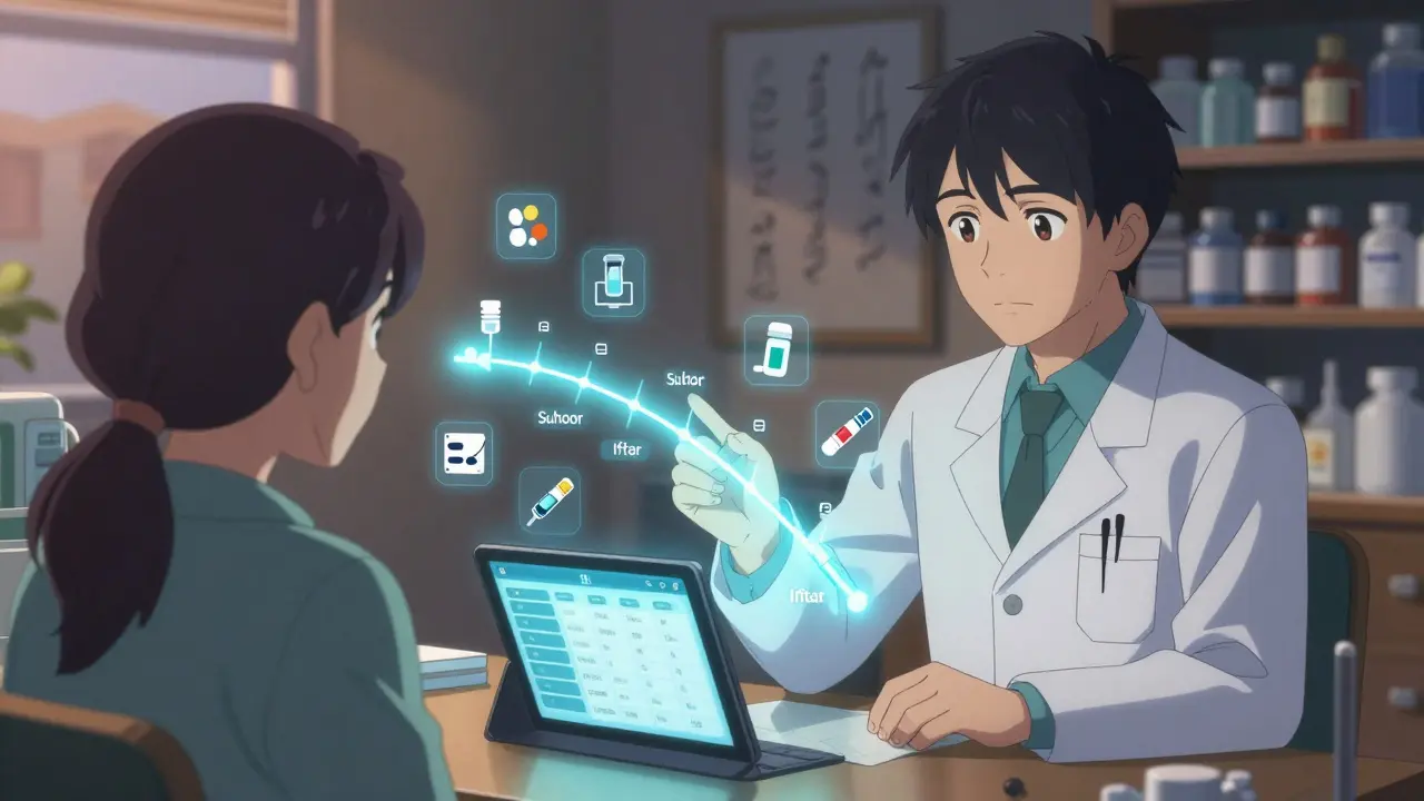 Pharmacist and patient reviewing a glowing medication schedule with icons of pills, patches, and inhalers in a twilight clinic.