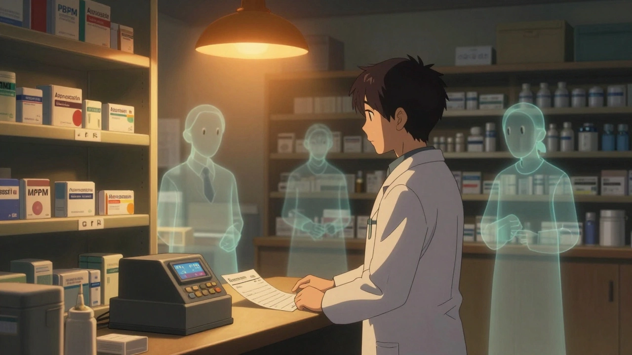 Pharmacist facing an empty generic drug shelf with ghostly supply chain figures behind them in a dimly lit pharmacy.