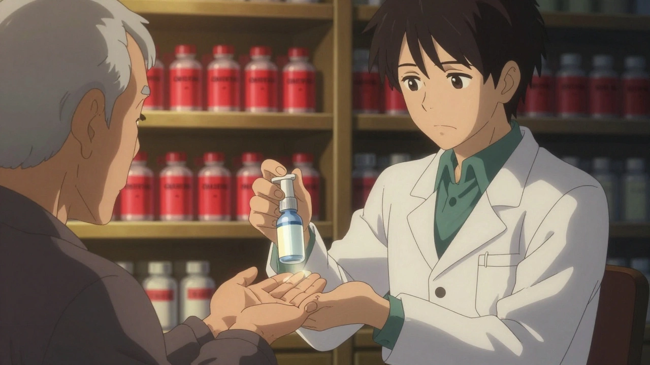 Pharmacist handing saline spray to patient, with risky medications fading into shadow behind them.