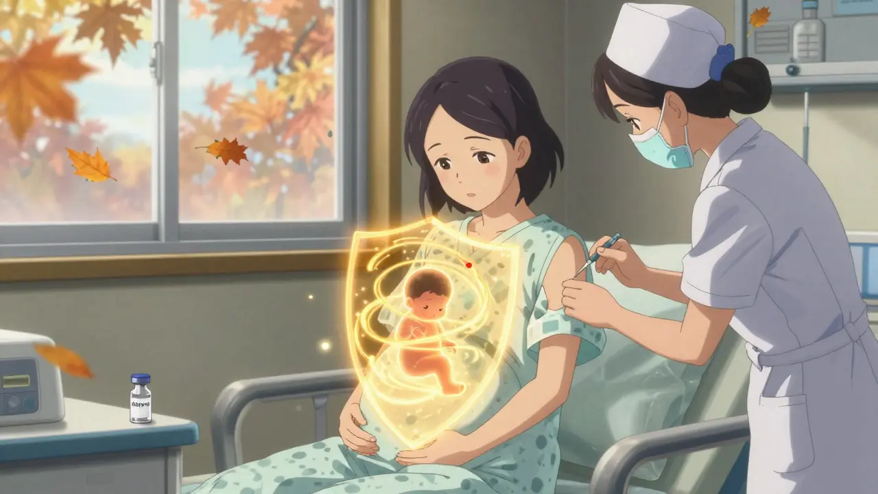 Pregnant woman receiving flu shot as golden antibodies shield her unborn baby in hospital setting.