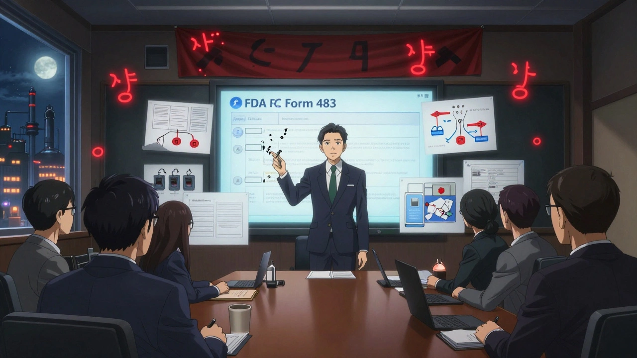 Quality manager presenting FDA Form 483 response with floating root cause diagrams in boardroom.