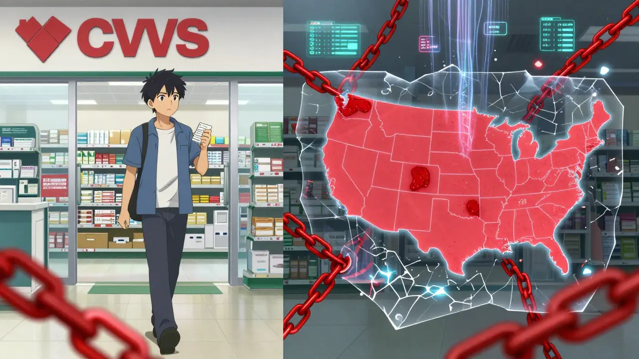 Split scene: a patient entering a pharmacy, with hidden digital barriers glowing red around the building.