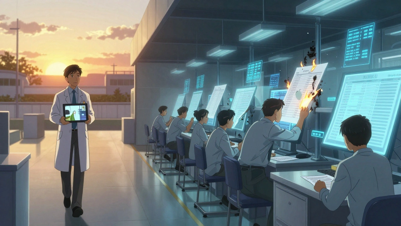 Split scene: FDA inspector in foreign plant vs workers destroying falsified logs at dawn.