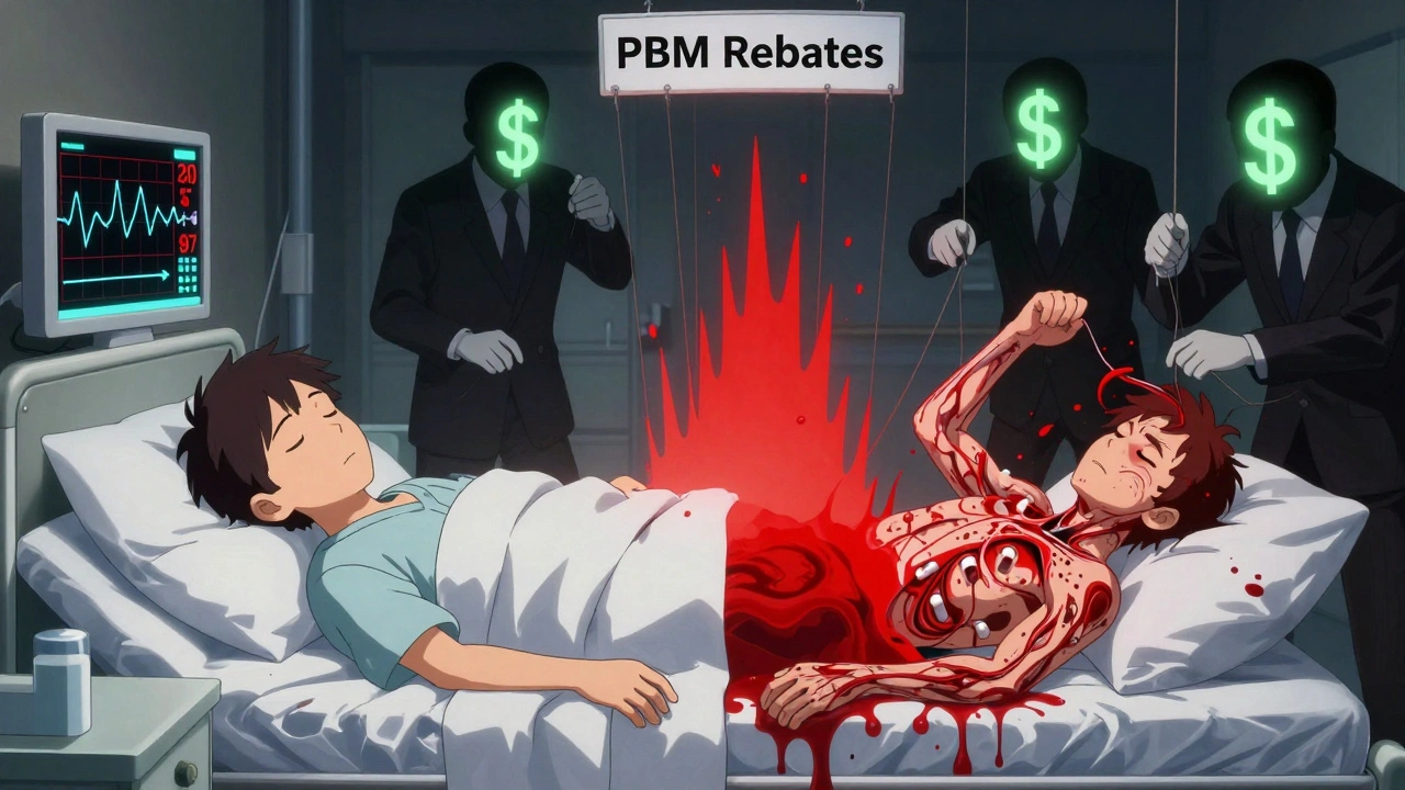 Split scene: peaceful patient vs. one having a medical crisis, with corporate figures controlling drug switches via puppet strings.