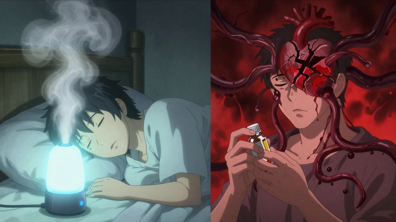 Split scene: person peacefully sleeping with humidifier vs. earlier moment with dangerous medication and constricted arteries.