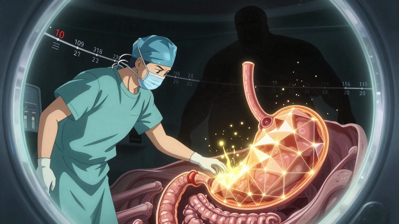 Surgeon reaching into a glowing, geometric digestive tract as remission rates scroll behind, with obesity fading into shadow.