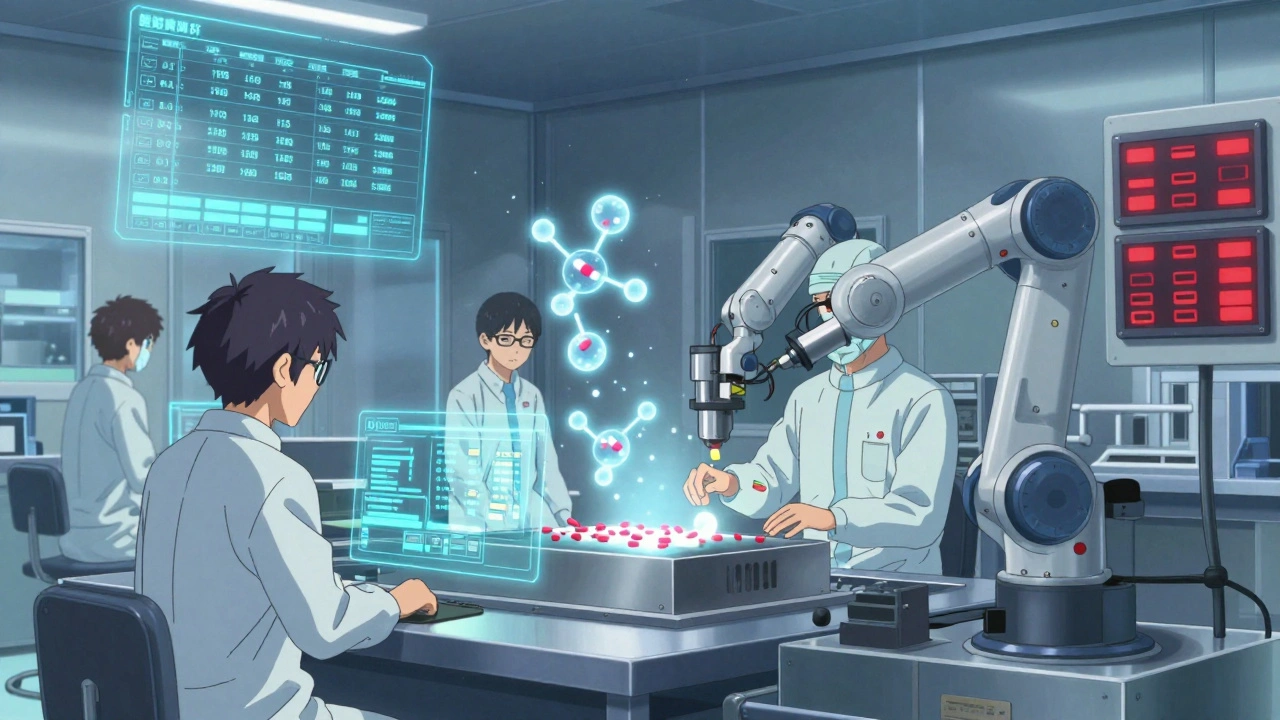 Technicians in a high-tech U.S. drug lab with holographic blockchain data and robotic pill formation under blue ambient light.