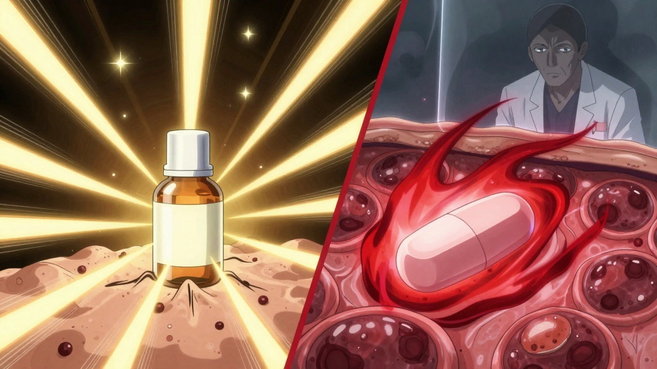 Topical and oral acne treatments depicted as opposing energy forces battling skin impurities in anime style.