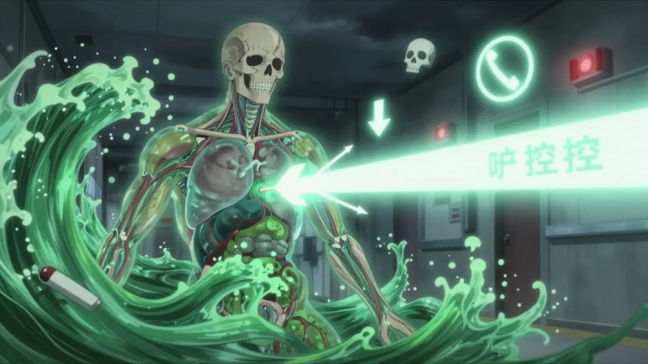 Translucent human body with toxic wave and antidote arrows fighting inside, medical symbols floating around.