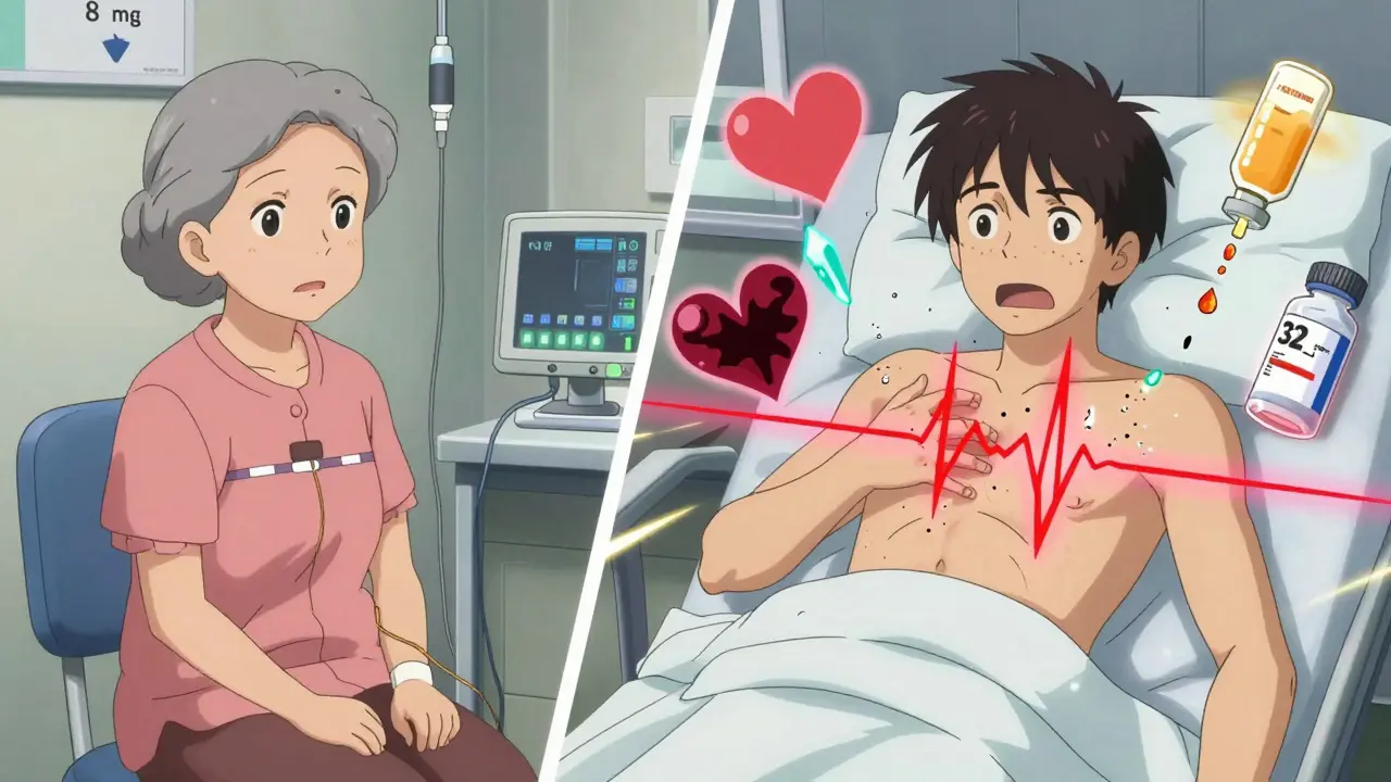 Two contrasting scenes: one showing safe ondansetron use and another depicting a cardiac crisis from overdose, with warning symbols floating around.