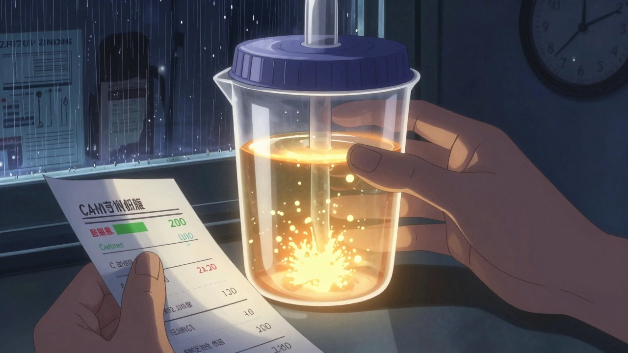 Urine jug glowing with calcium crystals, lab report visible, rain on window in background.