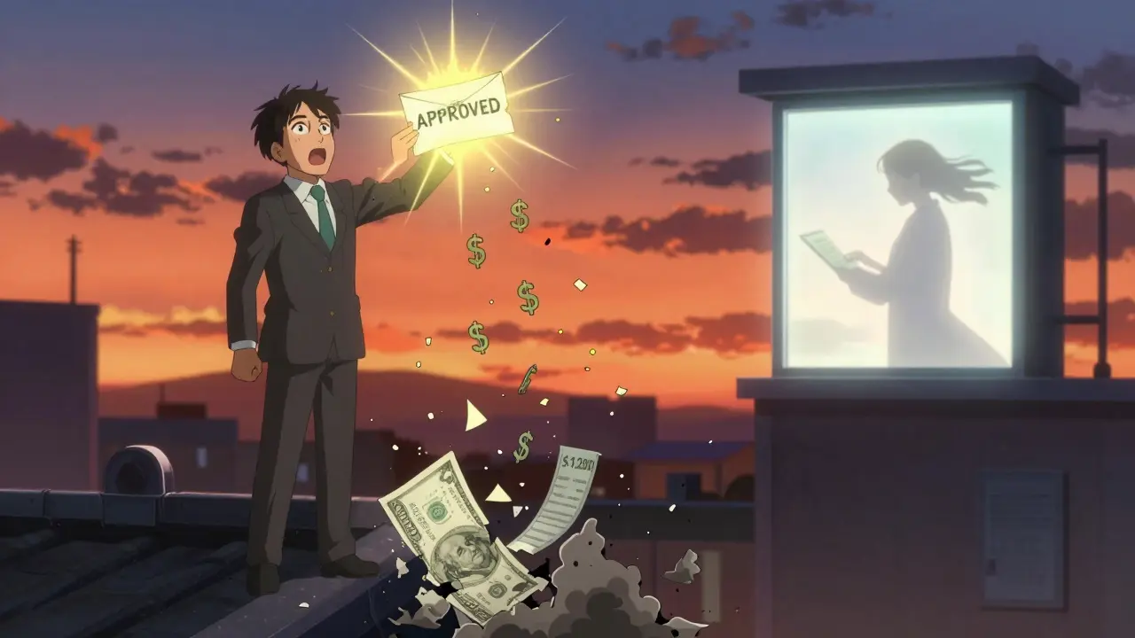 Veteran celebrating approval letter as ,200 bill shatters into confetti at sunset.