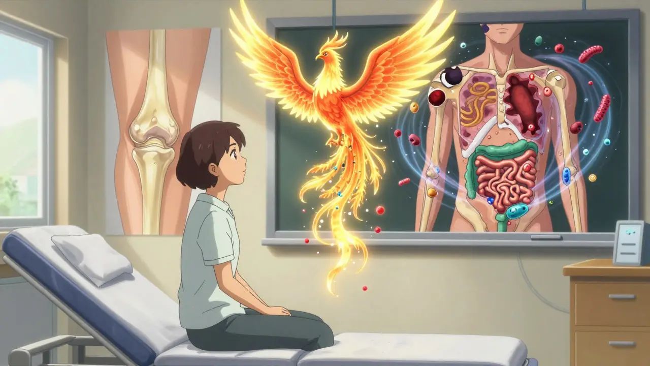 A biologic treatment depicted as a phoenix calming immune attacks on joints and skin in a clinic setting.