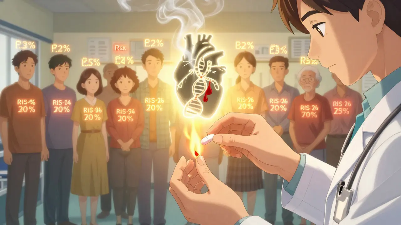 A cardiologist burns an aspirin tablet whose smoke forms medical symbols, while lifestyle health glows around patients.