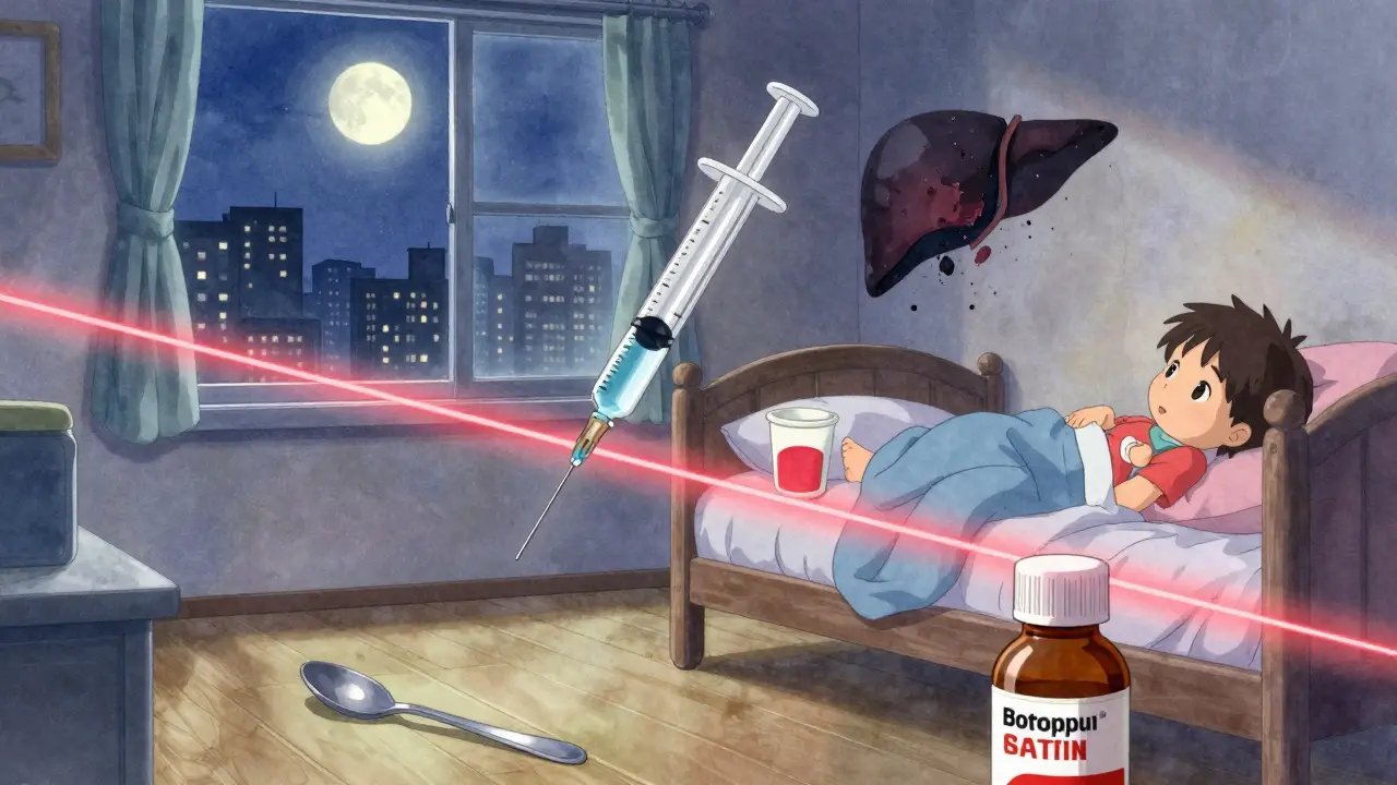 A child's syringe hovering above a bed, with a discarded kitchen spoon and a warning line splitting the room.