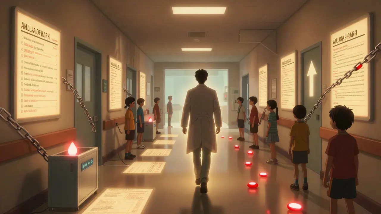 A doctor walking through a digital pathway where generic prescriptions lead to faster approvals and better outcomes.