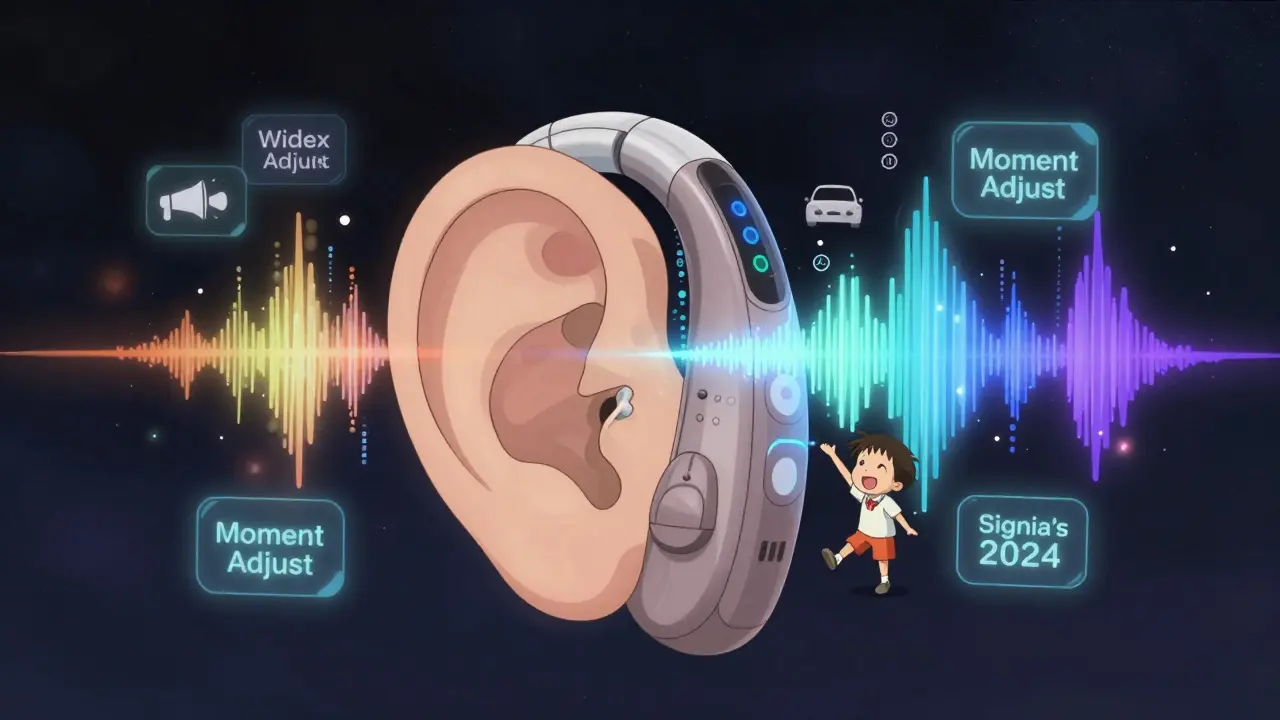 A futuristic AI interface automatically optimizing hearing aid settings for different environments using floating sound data.