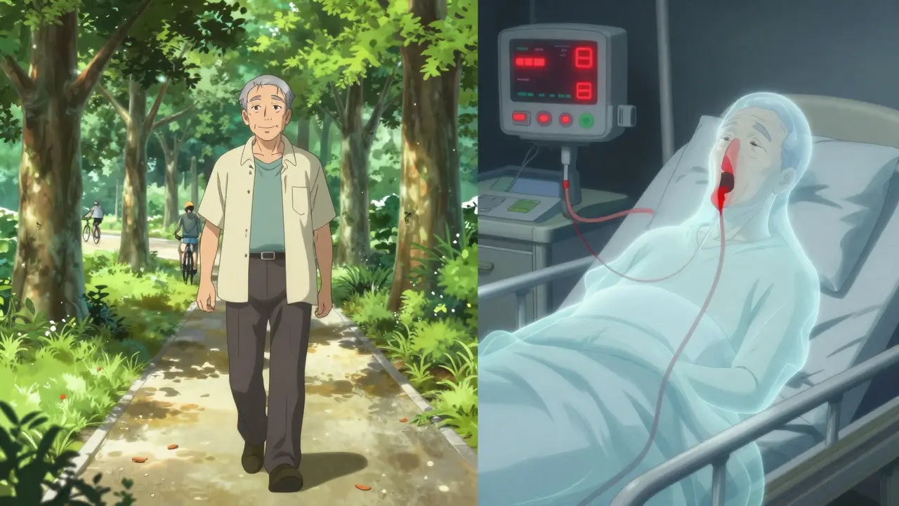 A healthy senior walks in sunlight while a ghostly image of him bleeds in a hospital bed, showing aspirin risks.