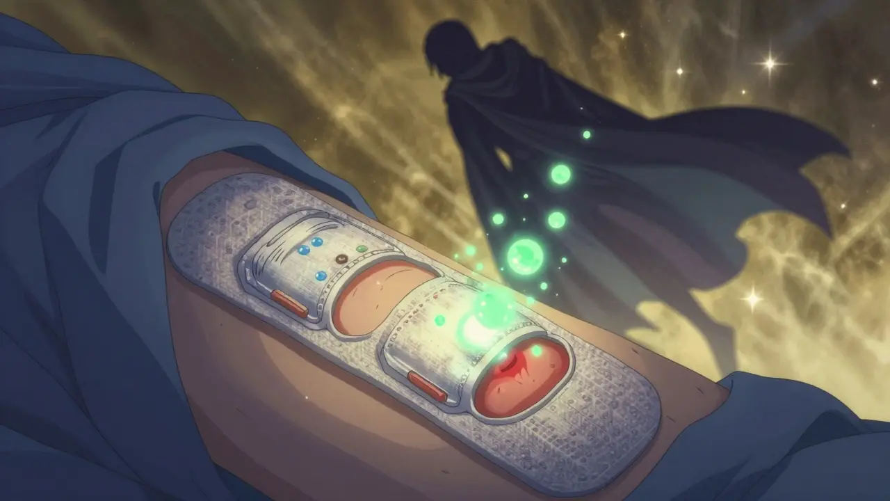 A high-tech wound dressing releasing growth particles toward healing skin, while a shadowy sirolimus figure fades into light.