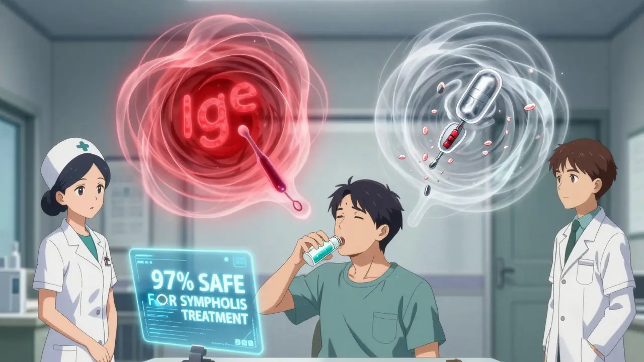 A patient drinks amoxicillin while energy fields dissolve false allergy markers, with CDC guidelines glowing beside them.