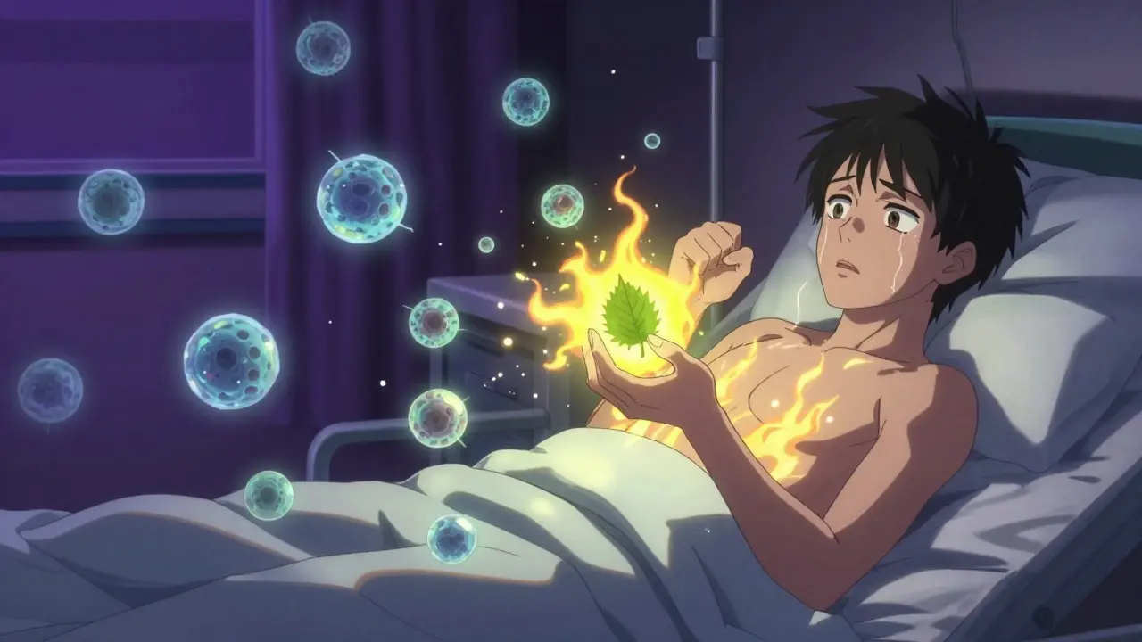 A patient in bed as immune cells surge toward echinacea while immunosuppressant drugs weaken behind them.