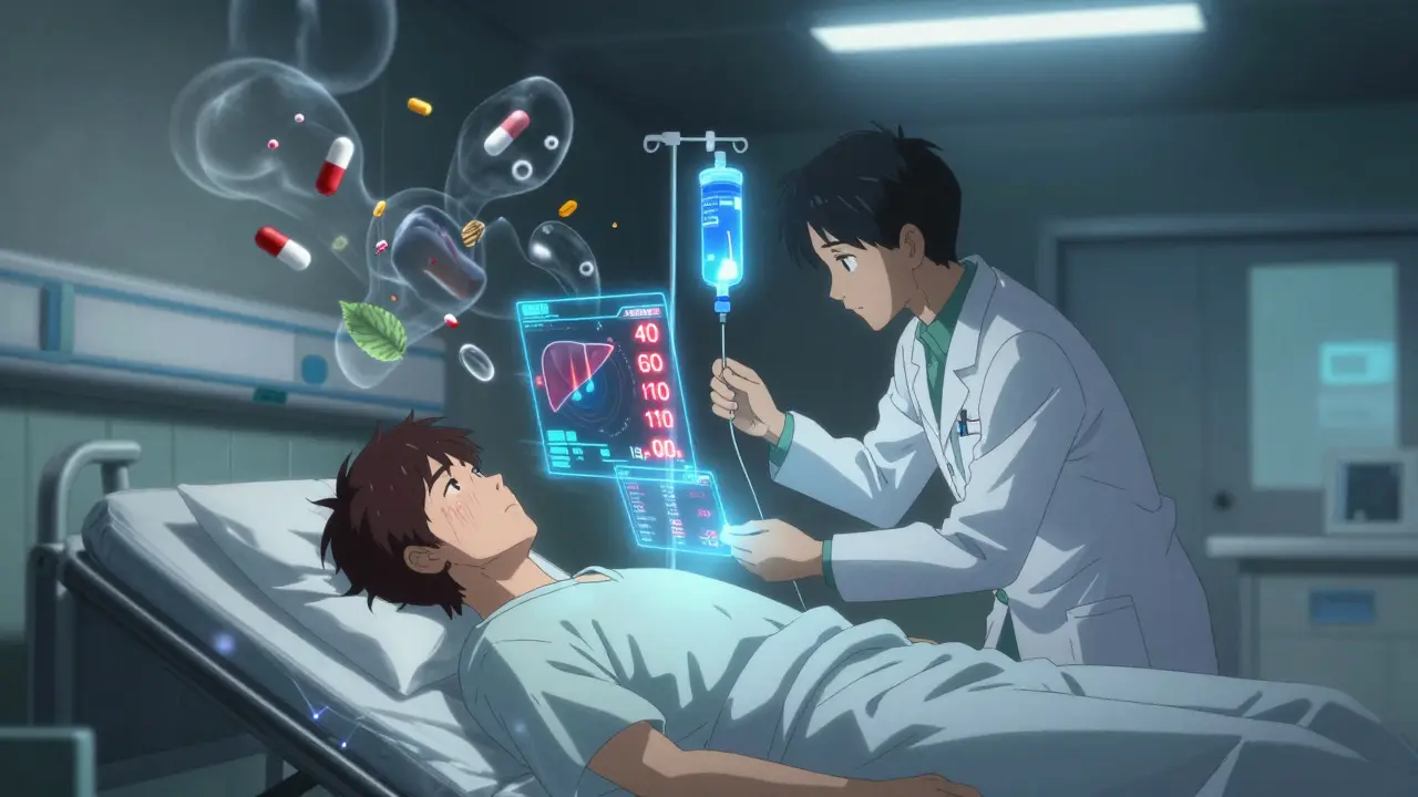 A patient receiving NAC IV in an ER, with floating holographic liver enzyme readings and swirling pill ghosts.