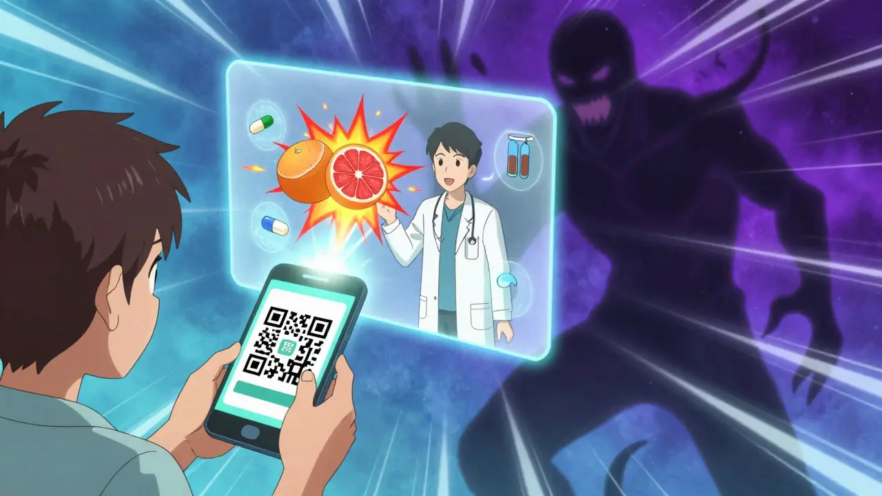 A patient viewing a hologram of drug interactions, with toxic grapefruit sparks and a looming serotonin syndrome figure.