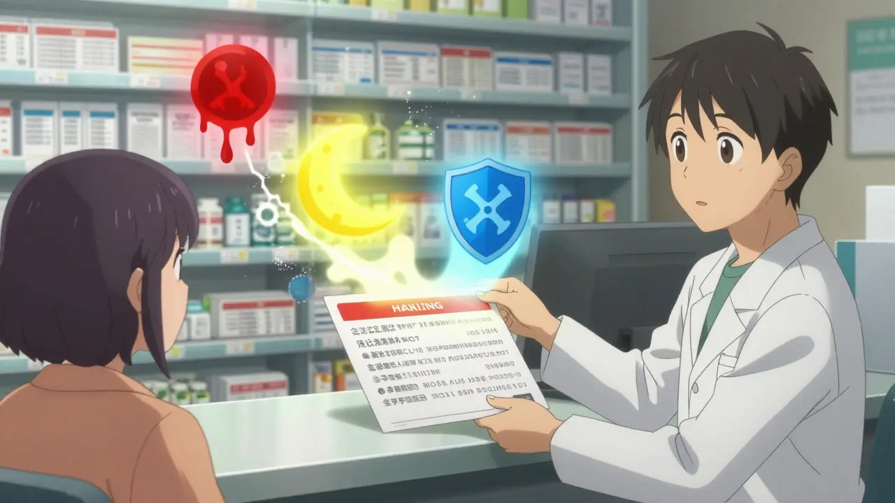 A pharmacist handing a patient a large-print warning label that turns into glowing safety pictograms.
