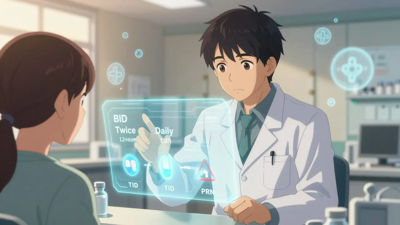 A pharmacist shows a patient holographic translations of medical abbreviations into plain English with glowing pills and clocks.