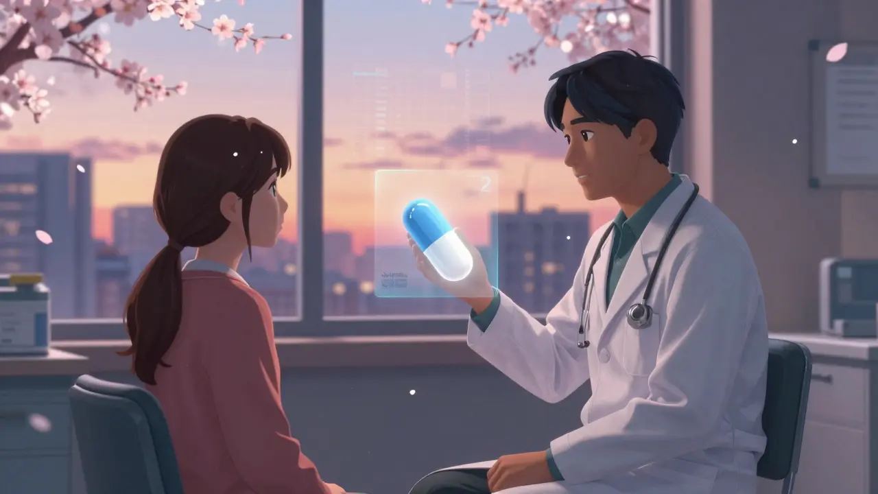 A physician and patient sharing a quiet moment with a floating generic pill symbolizing trust and affordable care.