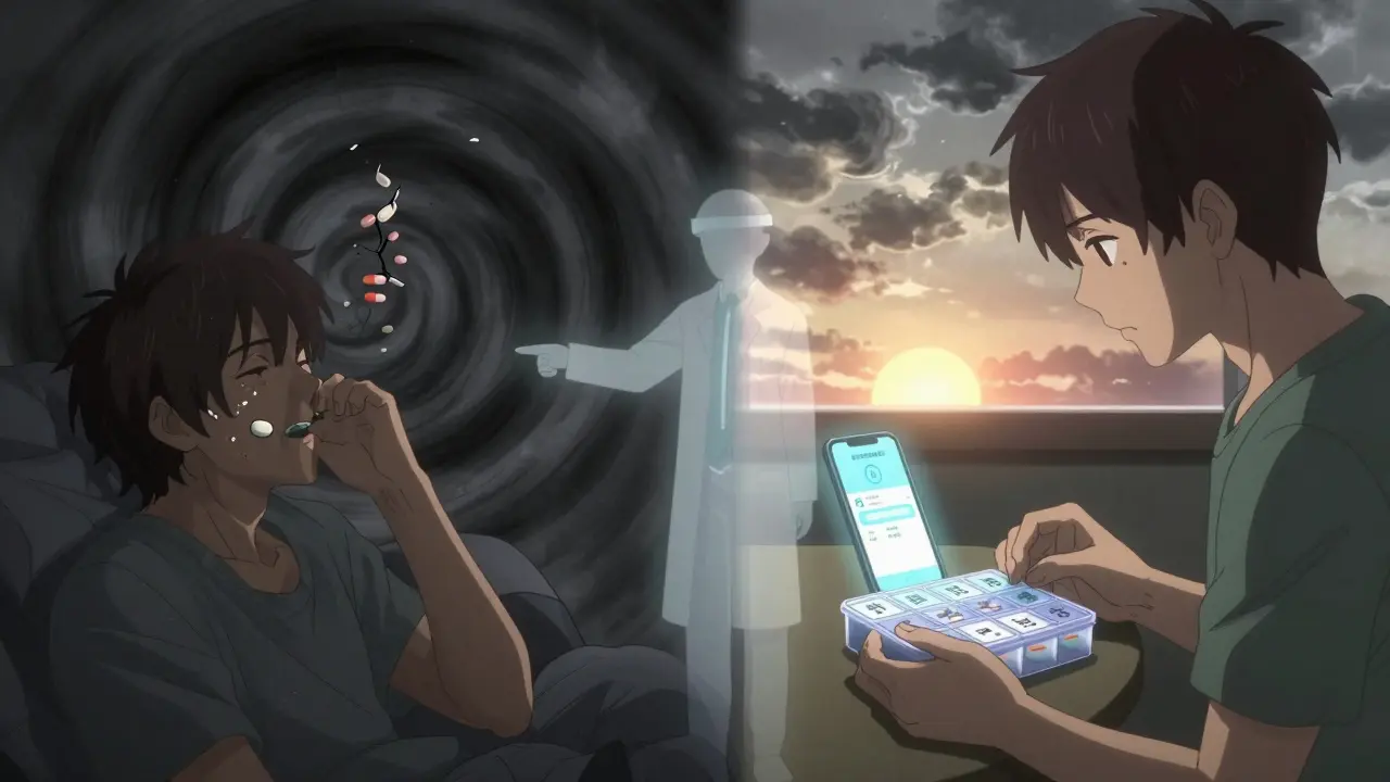 A split scene: one side shows dangerous medication misuse, the other safe use with a pill organizer and app, guided by a pharmacist.