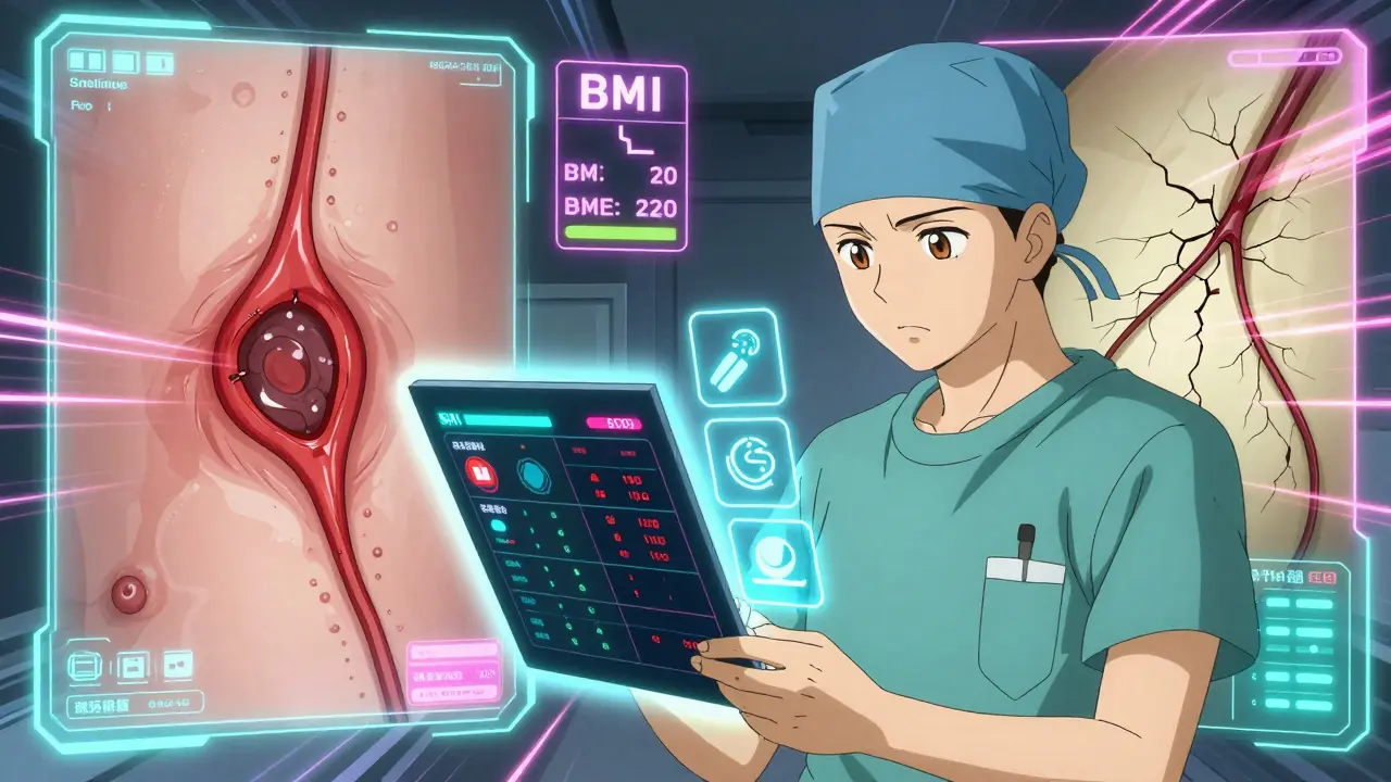 A surgeon analyzing a patient's risk score with floating health icons, one side showing healthy healing, the other damaged tissue.