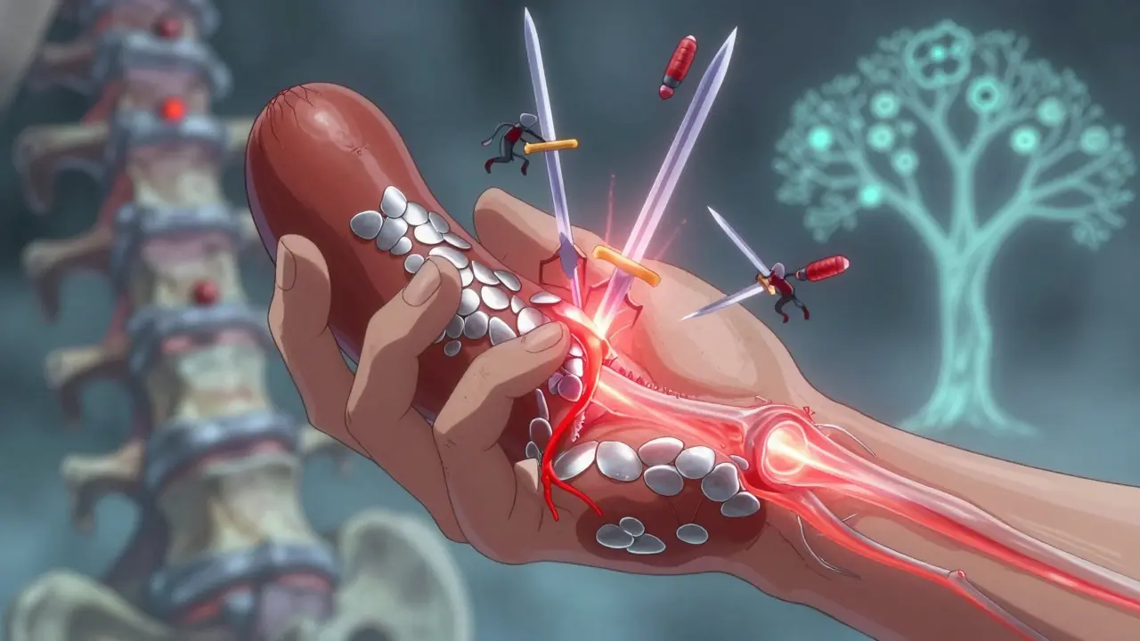 A swollen finger with scales and inflamed tendons, surrounded by microscopic battle elements in anime style.