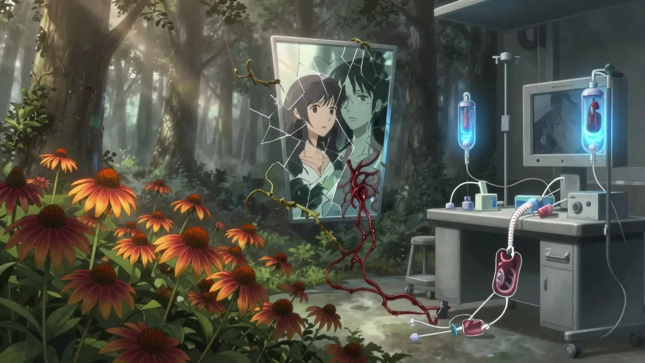 A symbolic battlefield between natural herb energy and medical treatment, reflecting a patient’s dual fate.