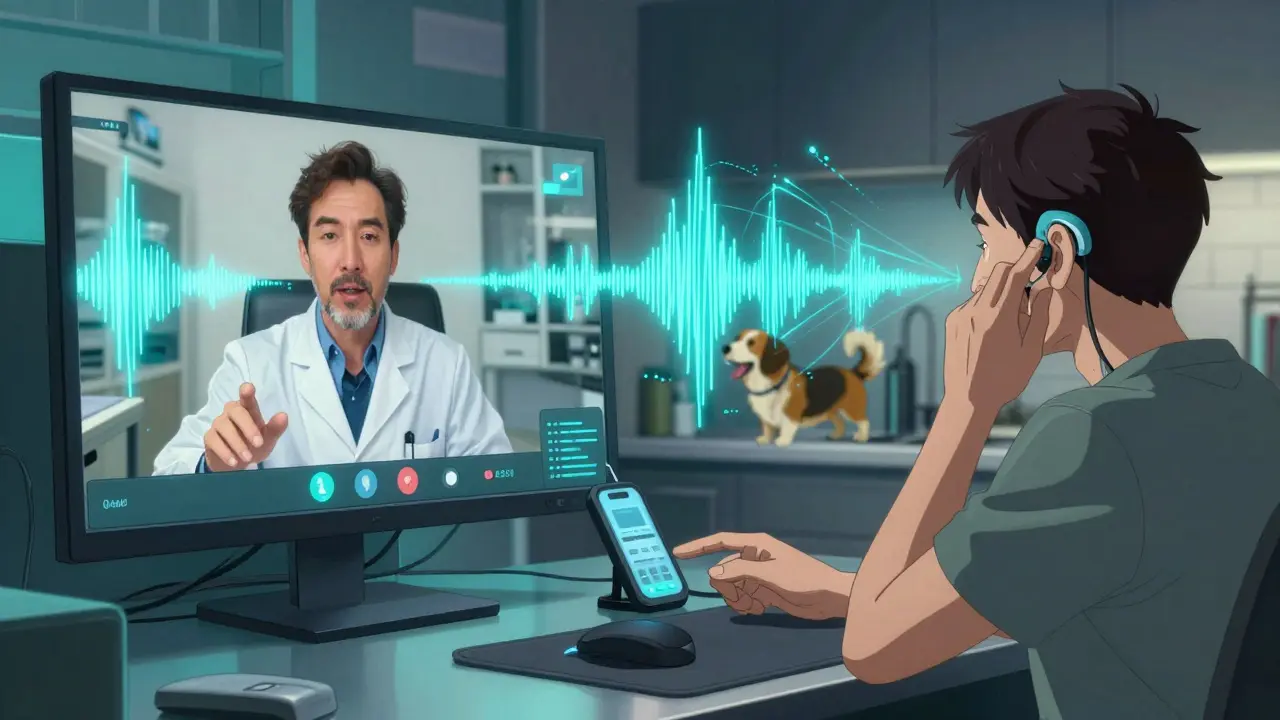 A video call between an audiologist and a patient in a noisy kitchen, with visual soundwaves being corrected remotely.