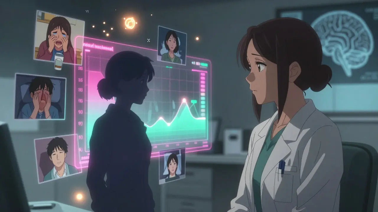 A woman talking to a doctor surrounded by floating memories and hormonal data visualizations.