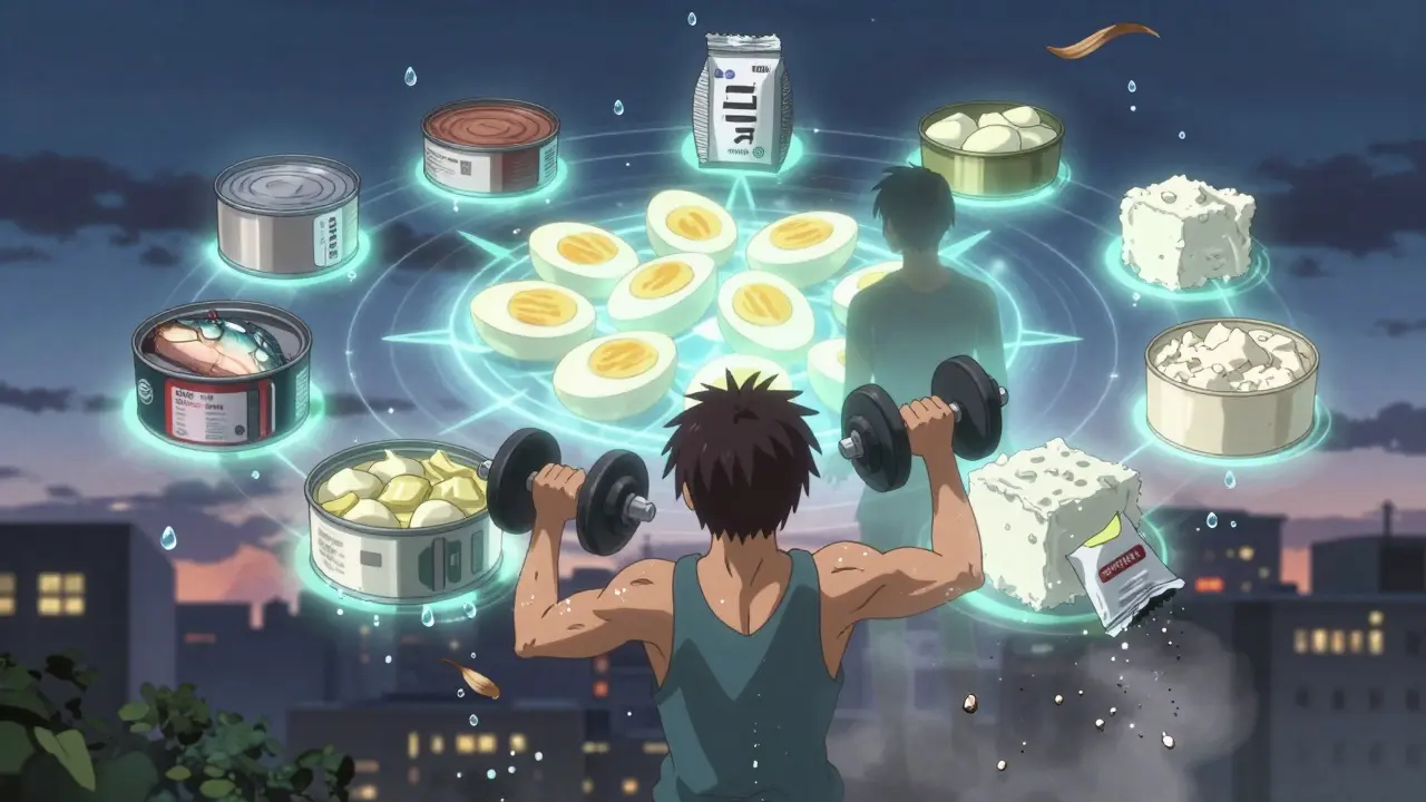 Affordable protein sources floating in a radiant circle, with a person lifting weights under cinematic lighting.