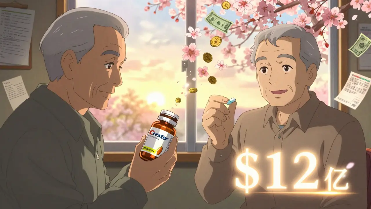 An elderly man holding a cheap generic pill as golden savings transform into cherry blossoms, replacing a costly brand-name bottle.