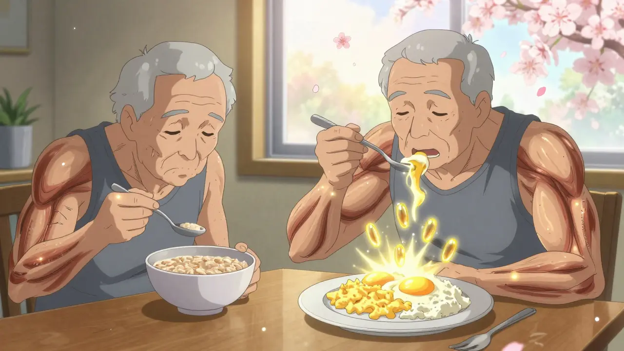 An elderly person eating eggs at breakfast, with glowing amino acids activating muscle growth in their limbs.