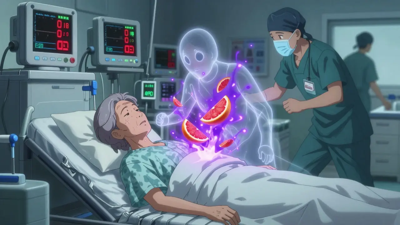 An elderly woman in an ER with ghostly grapefruit fragments above her, monitors showing critical readings.