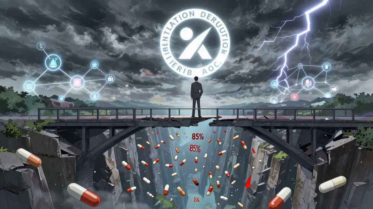 An executive stands on crumbling patents as generic pills fall into a price collapse canyon below.