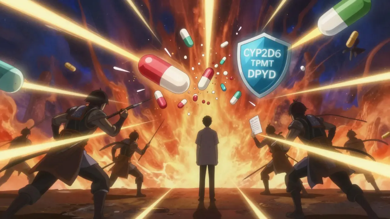 Battlefield of pills colliding with glowing gene symbols, one generic pill shattering against a genetic shield.