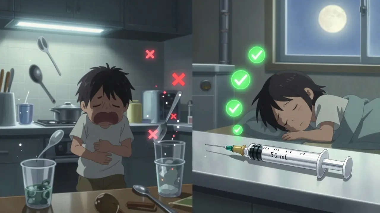 Contrast between dangerous kitchen dosing and safe syringe use at home.